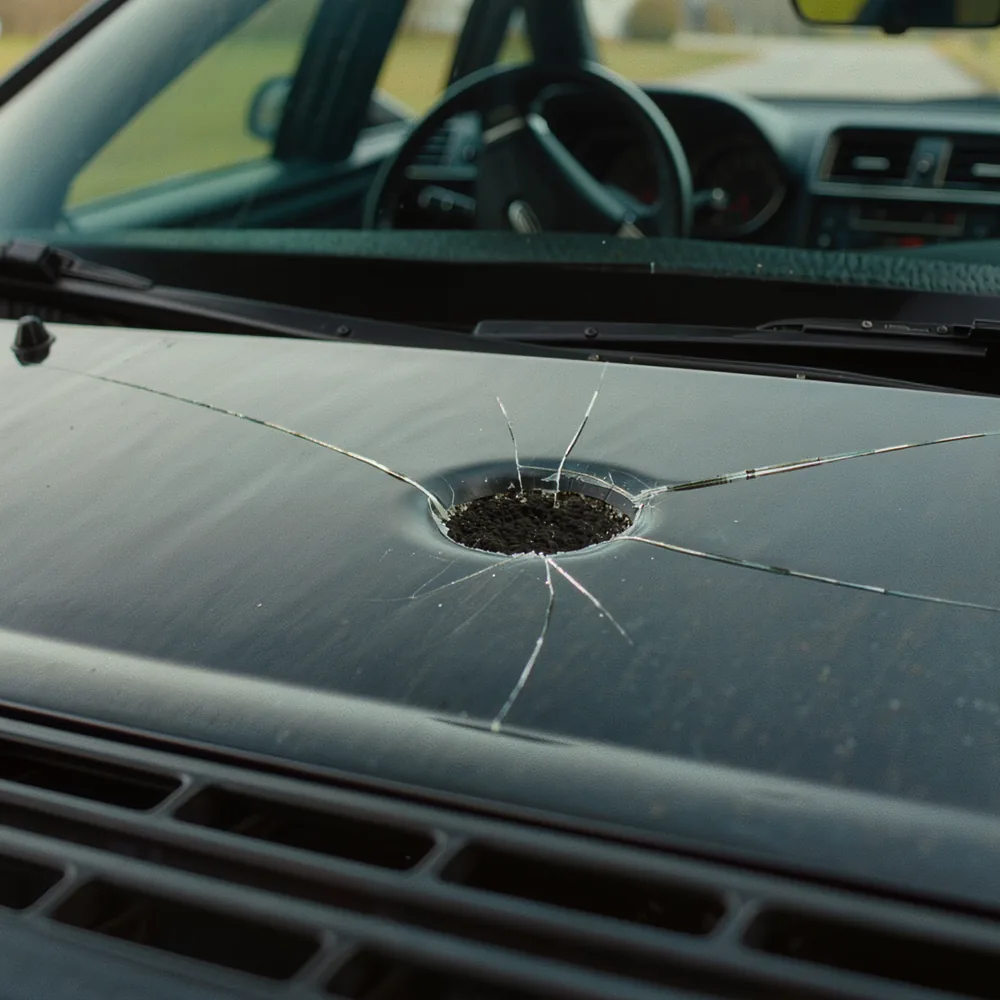 A large impact break in a car windshield with crack legs radiating out, dashboard and steering wheel visible through the glass