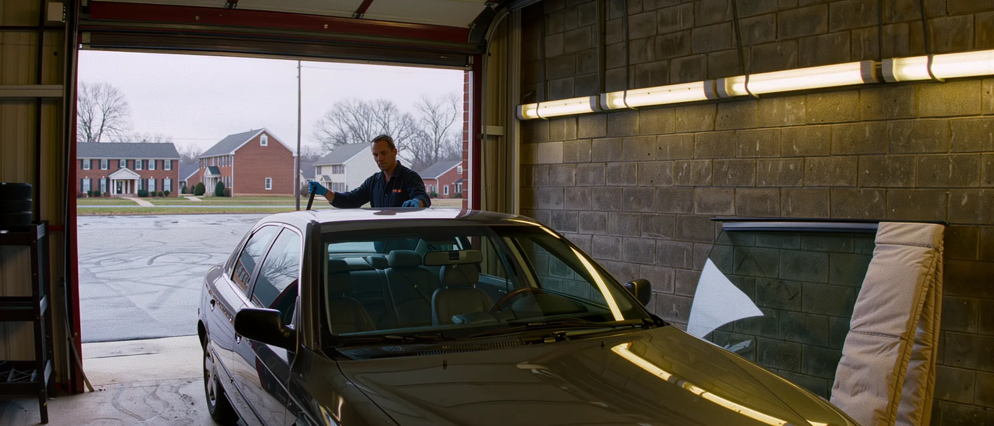 A glass technician lowering a new windshield onto a sedan inside the Stockers Glass shop bay in Folcroft