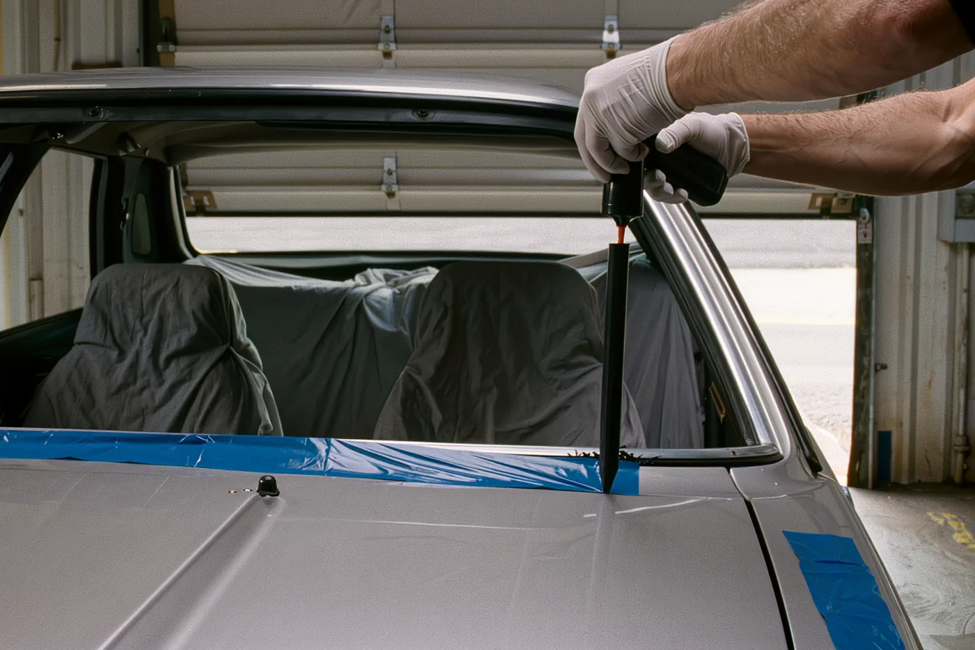 Gloved hands laying a urethane bead along the pinchweld of a stripped windshield frame